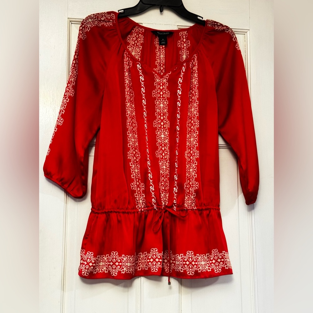 White House‎ Black Market Red Peasant Blouse with White Embroidery